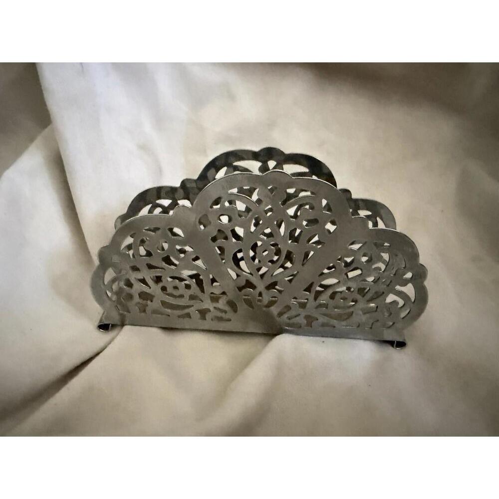 Vtg 70's Irvin Ware Chrome Silver Metal Filigree Napkin Letter Holder 5.5”x3”